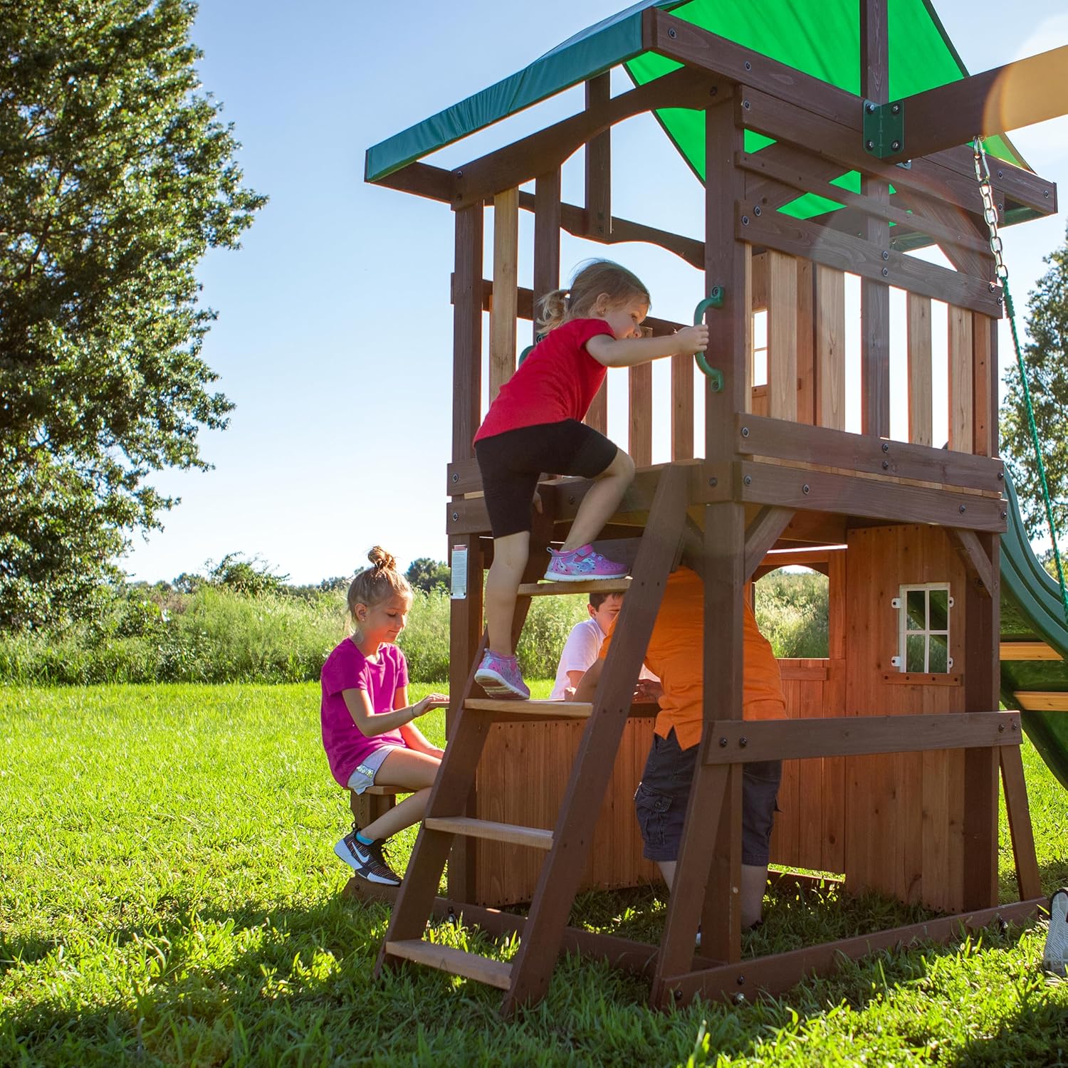 Backyard Discovery Lakewood Cedar Wood Swing Set with Wave Slide, Clubhouse, Playhouse, Snack Bar Window, Picnic Area, Belt Swings, Trapeze, Full Front Door, Windows, Step Ladder, Outdoor Playset B081789ZLP - Image 5