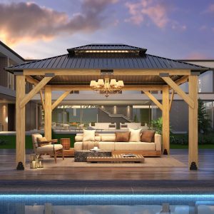 11’x13’ Outdoor Wooden Gazebo - Patio Galvanized Steel Gazebo with Double Vented Roof, Heavy-Duty Cedar Wooden Gazebos for Garden, Lawn, Poolside, Backyard Deck B0CTX1NCWW