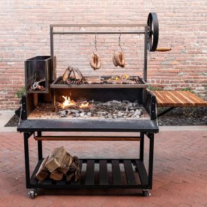 Backyard Discovery Argentine Santa Maria Wood Fire & Charcoal BBQ Grill with Brasero, Adjustable Grill Grates, Fire Bricks, Heavy-Duty Steel, S-Hooks, Acacia Wood Table for Outdoor Gaucho Grilling B0CWLX6XHB