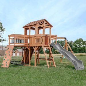 Sterling Point Cedar Wood Swing Set with Wave Slide, Raised Clubhouse, Wooden Bridge, Rock Wall, Belt Swings, Web Swing, Trapeze, Balcony, Climbing Wall, Ladder, Outdoor Playset B0C9KZSJS5