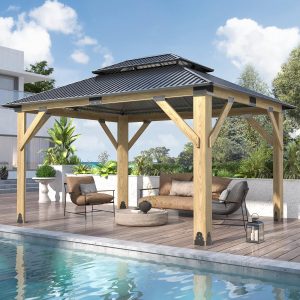 COVERONICS 11FT x 13FT Outdoor Cedar Wooden Gazebo - Patio Wood Frame Gazebo with Galvanized Steel Hardtop, Heavy-Duty Hardtop Gazebos for Garden, Poolside, Deck, Backyard B0CW5TSD27