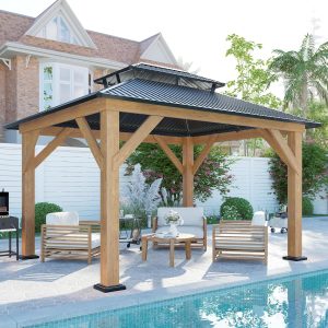 AMERLIFE 10x12 Spruce Wood Gazebo, Hardtop Gazebo with Aluminum Double Roof, Outdoor Pergola with Wood Frame for Parties, Backyard, Lawns, Patio B0D1Q6P7DR