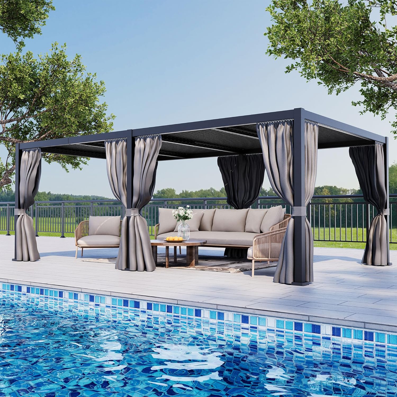 HOMPUS 12×24FT Louvered Pergola, Aluminum Pergola with 4 Adjustable Louvered Roof, Metal Pergolas with Netting & Curtains, Gazebo Shade Cover, Outdoor Pergolas for Backyard, Garden, Deck, Black B0DZTSC6QL - Image 8