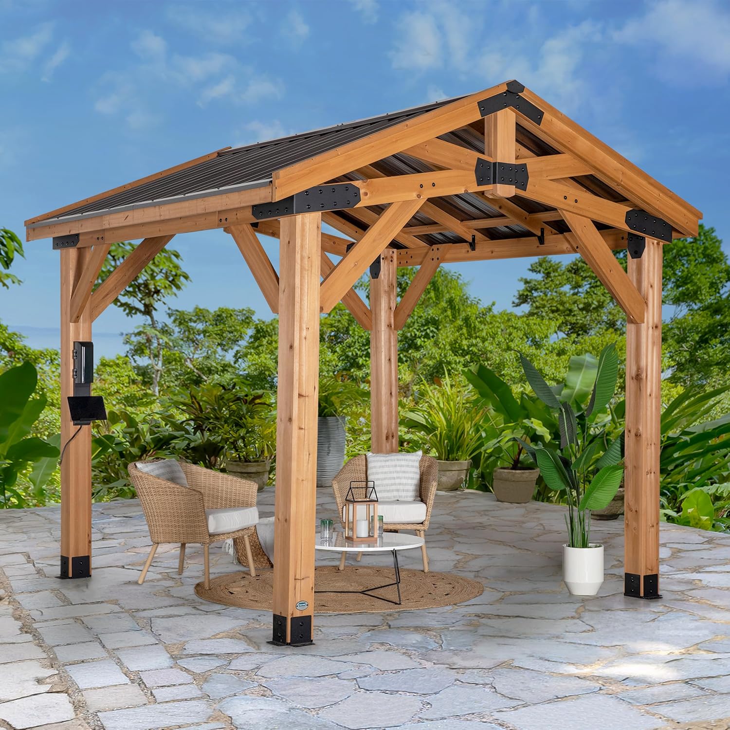 Norwood 10' x 10' Cedar Wood Outdoor Gazebo Pavilion with Hardtop Galvanized Steel Peak Roof, Snow Support, Wind Resistance, PowerPort, Shade for Garden, Patio, Deck, Entertaining B0BL1NDSBM - Image 2