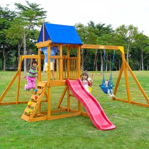 Wooden Swing Sets for Backyard, Playground Sets for Backyards with a Slide, Rock Climbing Wall, Sandbox, Colorful Shed Cloth, Monkey bar, and More - Outdoor Playset for Backyard 3-6 Year-Olds B0CZKZSDZ2