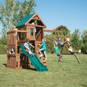 Swing-N-Slide WS 8357 Elkhorn Swing Set with Slide, Climbing Wall & Swings, Wood B07H87RXFF
