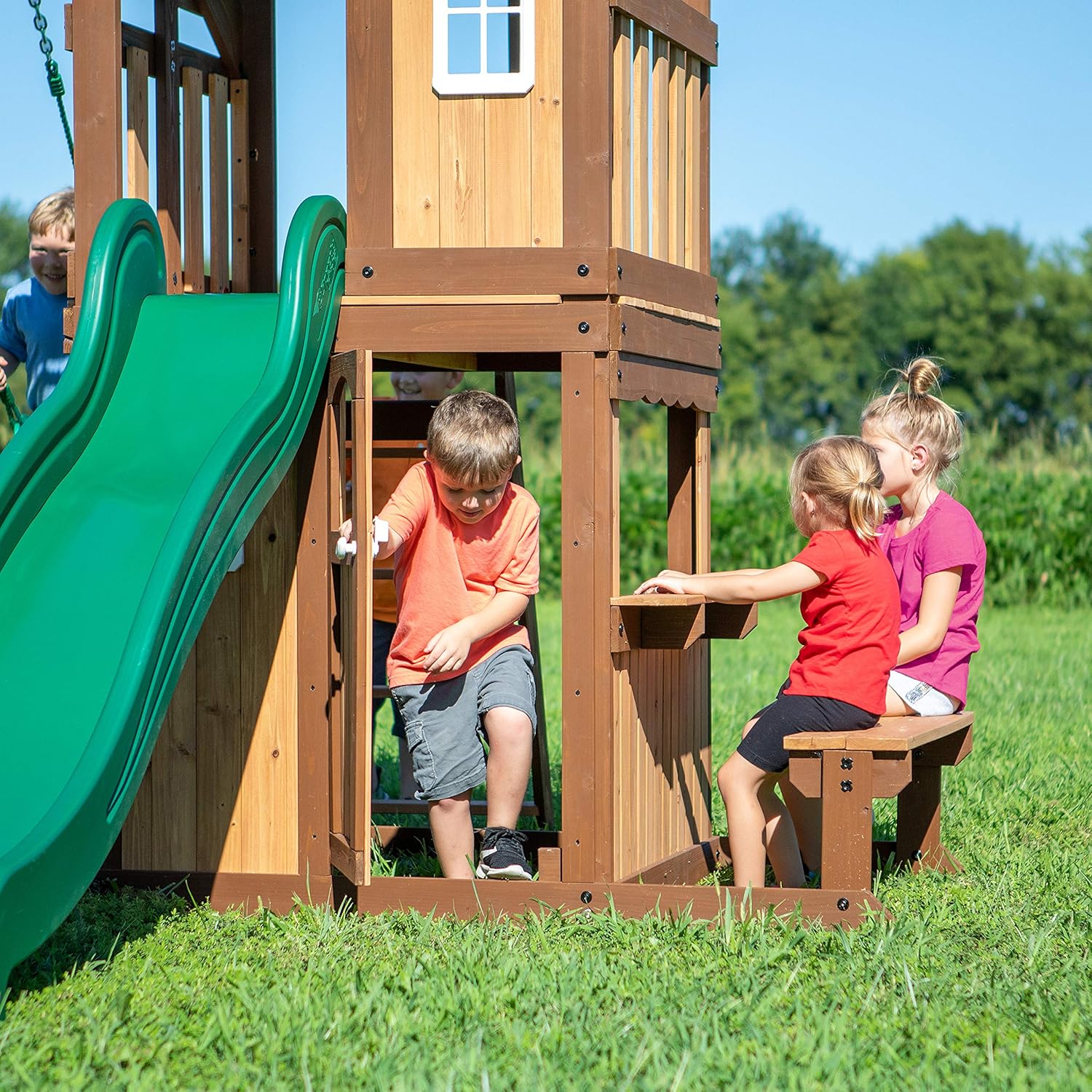 Backyard Discovery Lakewood Cedar Wood Swing Set with Wave Slide, Clubhouse, Playhouse, Snack Bar Window, Picnic Area, Belt Swings, Trapeze, Full Front Door, Windows, Step Ladder, Outdoor Playset B081789ZLP - Image 4