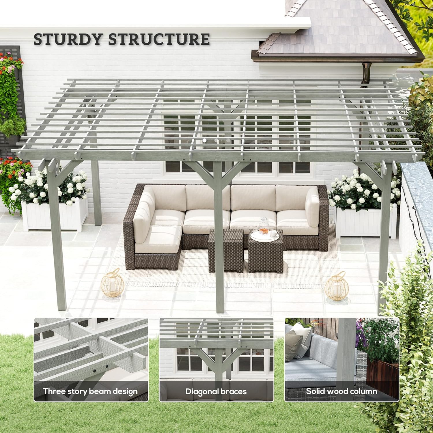 Outsunny 12' x 16' Outdoor Pergola, Wood Gazebo Grape Trellis with Stable Structure for Climbing Plant Support, Garden, Patio, Backyard, Deck, Gray B0DSF88TPS - Image 4