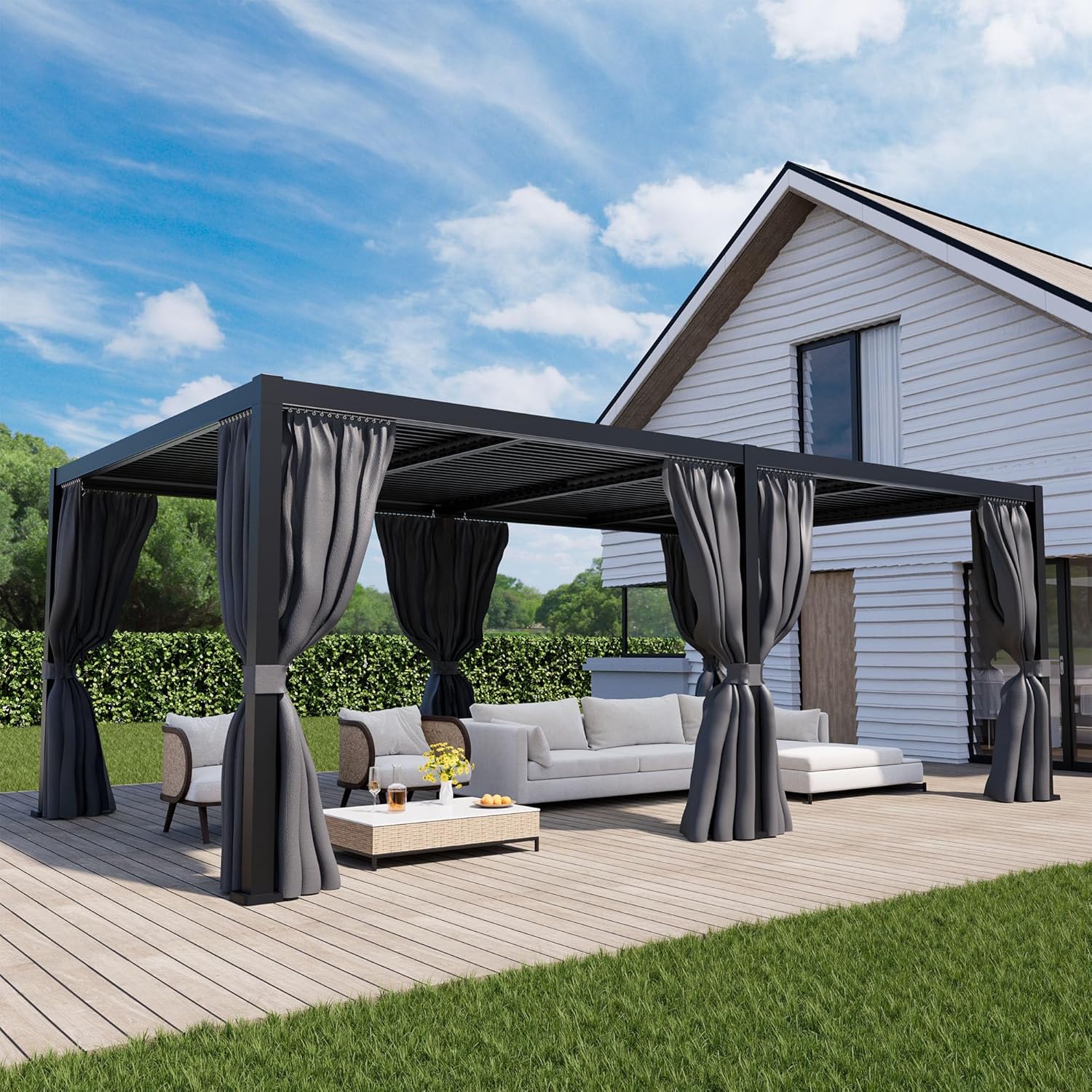 HOMPUS 12×24FT Louvered Pergola, Aluminum Pergola with 4 Adjustable Louvered Roof, Metal Pergolas with Netting & Curtains, Gazebo Shade Cover, Outdoor Pergolas for Backyard, Garden, Deck, Black B0DZTSC6QL