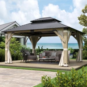 91yOkWNtBlL._AC_SL1500_.jpg 13'x15' Wood Gazebo,Outdoor Hardtop Gazebo with Galvanized Steel Double Roof, Wooden Frame Gazebos with Netting and Curtains for Patio Backyard Deck B0DGPX5GZG