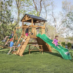 Backyard Discovery Endeavor II Cedar Wood Swing Set with Wave Slide, Play Deck, Double Rock Wall, Picnic Table, Climbing Wall, Belt Swings, Web Swing, Toy Telescope, Step Ladder, Outdoor Playset B0B4T64RGK