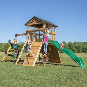 Backyard Discovery Endeavor All Cedar Wood Swing Set Playset for Backyard with Large Clubhouse Wave Slide Rope Ladder Rock Climbing Wall Wave Slide 2 Belt Swings and 1 Web Swing Gift for Ages 3-10 B09XVS1Q1C