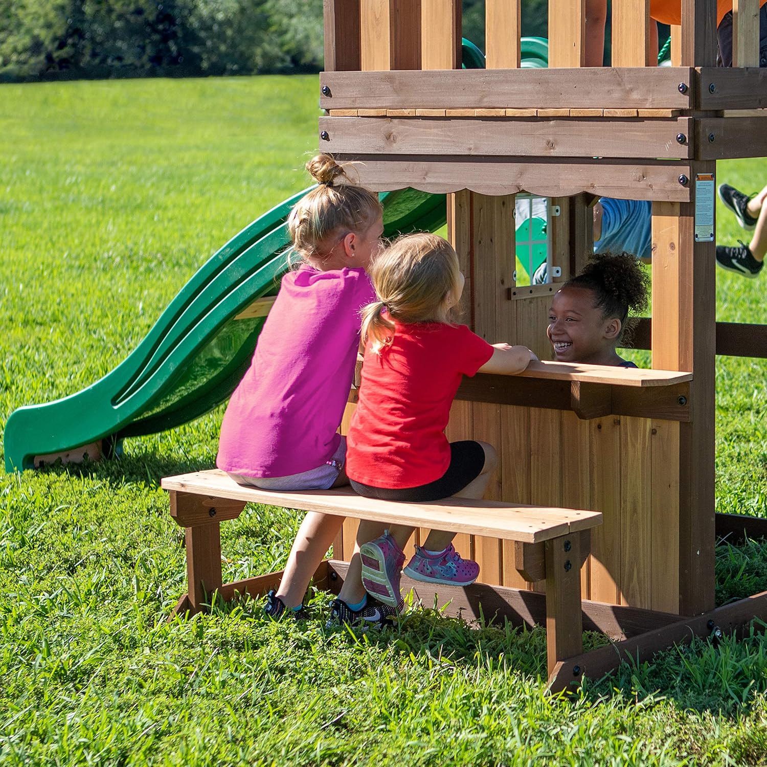 Backyard Discovery Lakewood Cedar Wood Swing Set with Wave Slide, Clubhouse, Playhouse, Snack Bar Window, Picnic Area, Belt Swings, Trapeze, Full Front Door, Windows, Step Ladder, Outdoor Playset B081789ZLP - Image 3