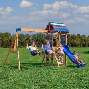 Backyard Discovery Bay Pointe Cedar Wood Swing Set with Wave Slide, Play Deck, Rock Wall Ladder, Belt Swings, Chalkboard, Canopy Roof, Outdoor Playset B09YGXYGW5