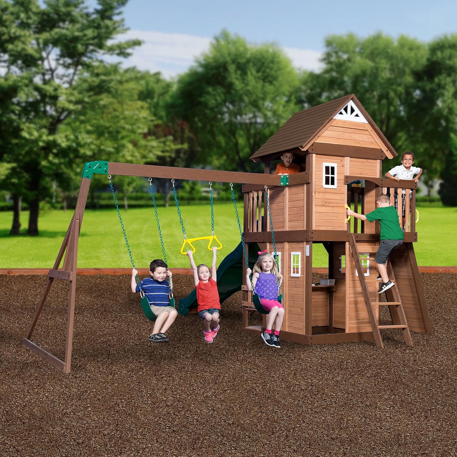 Mount Triumph Cedar Wood Swing Set with Wave Slide, Clubhouse, Rock Wall, Play Kitchen, Picnic Area, Belt Swings, Trapeze, Balconies, Playhouse, Ladder, Accessories, Outdoor Playset B071JS5LR7 - Image 2