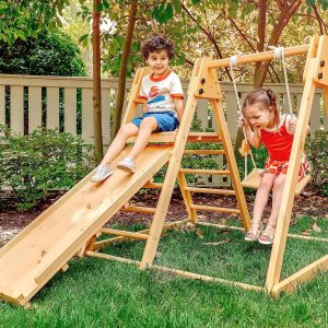 Avenlur 4-in-1 Juniper Outdoor Play Gym - Jungle Gym Playset with Baby Swing, Slide, Ladder, and Climbing Wall - Foldable Wooden Playset - Outdoor Jungle Gym for Kids Ages 18mo to 6yrs B0C3MX1FYK
