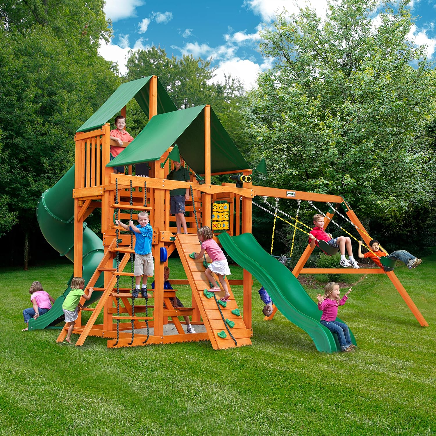Gorilla Playsets 01-0030-AP-1 Great Skye I Wood Swing Set with Green Vinyl Canopy, Tube Slide, and Rock Wall, Amber B00RZID7UU - Image 2