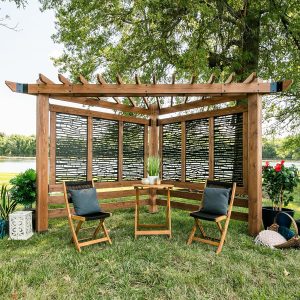 Verona 12' x 8' Cedar Wood Cabana Corner Pergola with Bamboo Privacy Panels for Outdoor Patio, Deck, Garden, Poolside, Entertaining B09L6H3GMK
